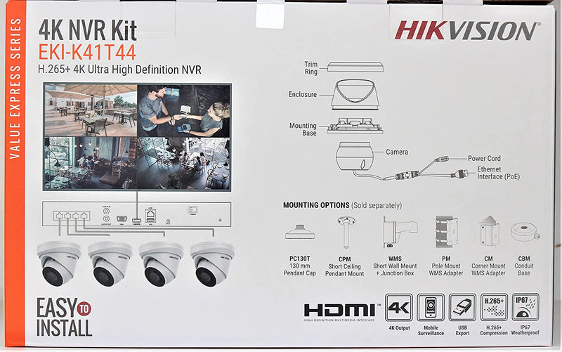 Hikvision IP Security 4-channel 4K NVR Value Express Kit 4 CH NVR with 4 x 4MP Turret Cameras, 2.8mm Fixed Lens, 1TB  HARD DRIVE (EKI-K41T44)