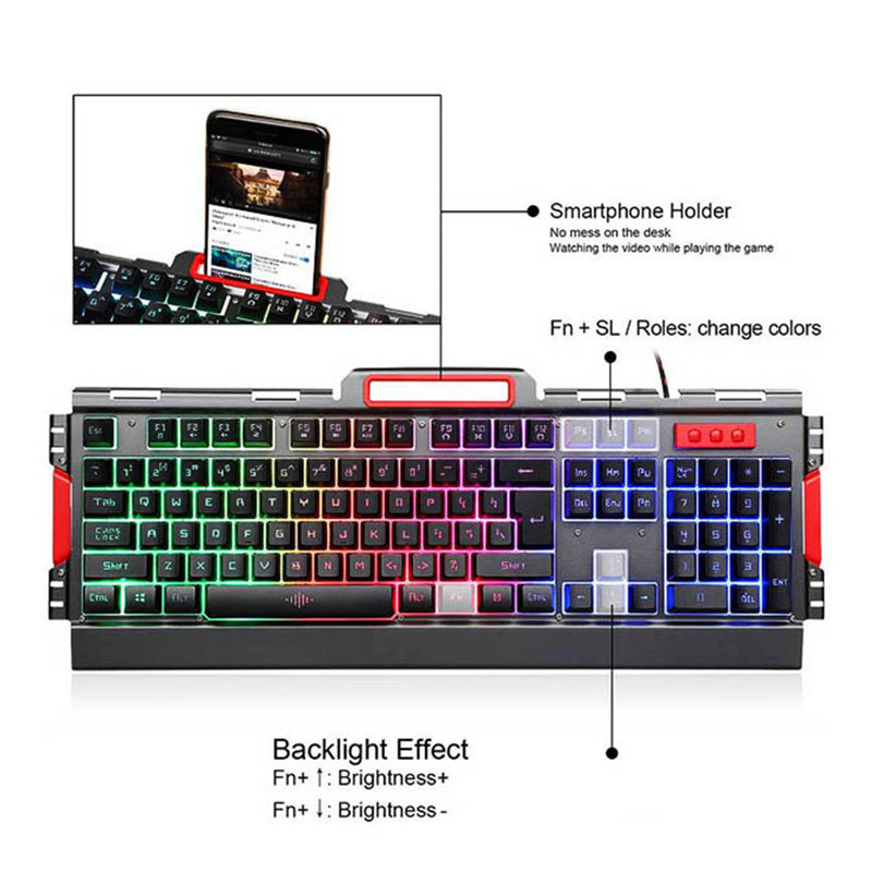 K33 Wired LED Rainbow Backlight Aluminum Alloy Panel Gaming keyboard with LED 3200DPI Gaming Mouse Combo